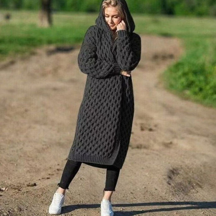 Women's Hooded Oversized Knit Cardigan Long Cable Maxi
