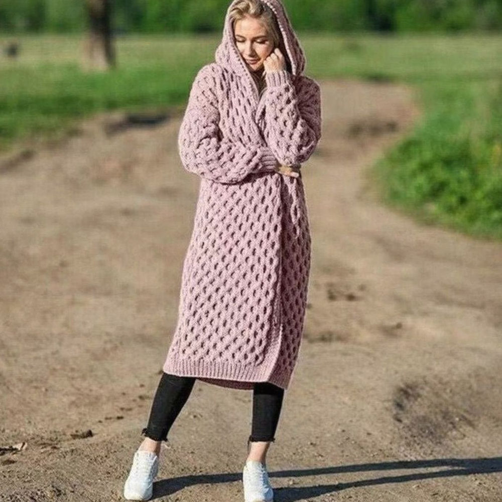 Women's Hooded Oversized Knit Cardigan Long Cable Maxi
