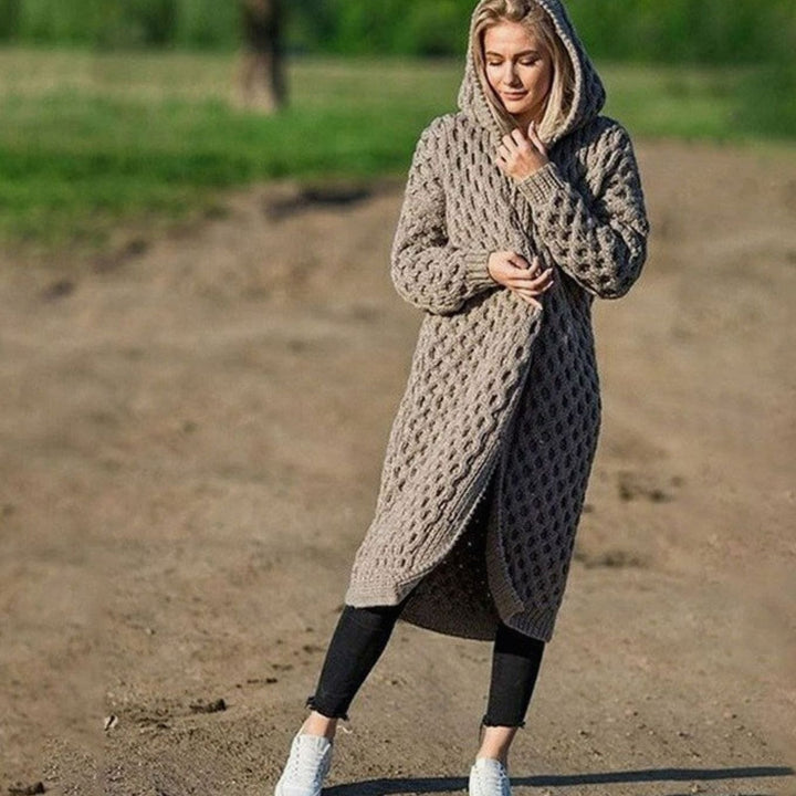 Women's Hooded Oversized Knit Cardigan Long Cable Maxi