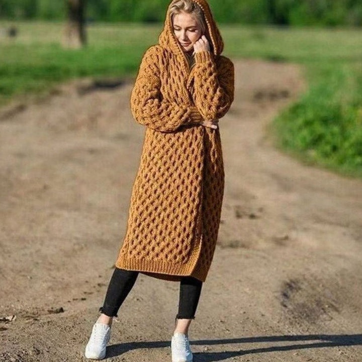 Women's Hooded Oversized Knit Cardigan Long Cable Maxi