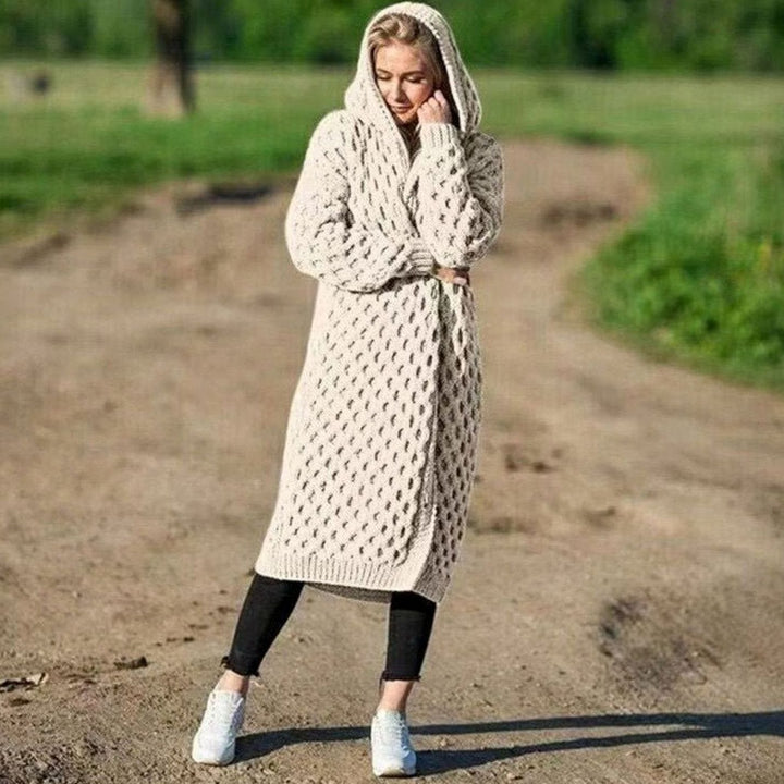 Women's Hooded Oversized Knit Cardigan Long Cable Maxi
