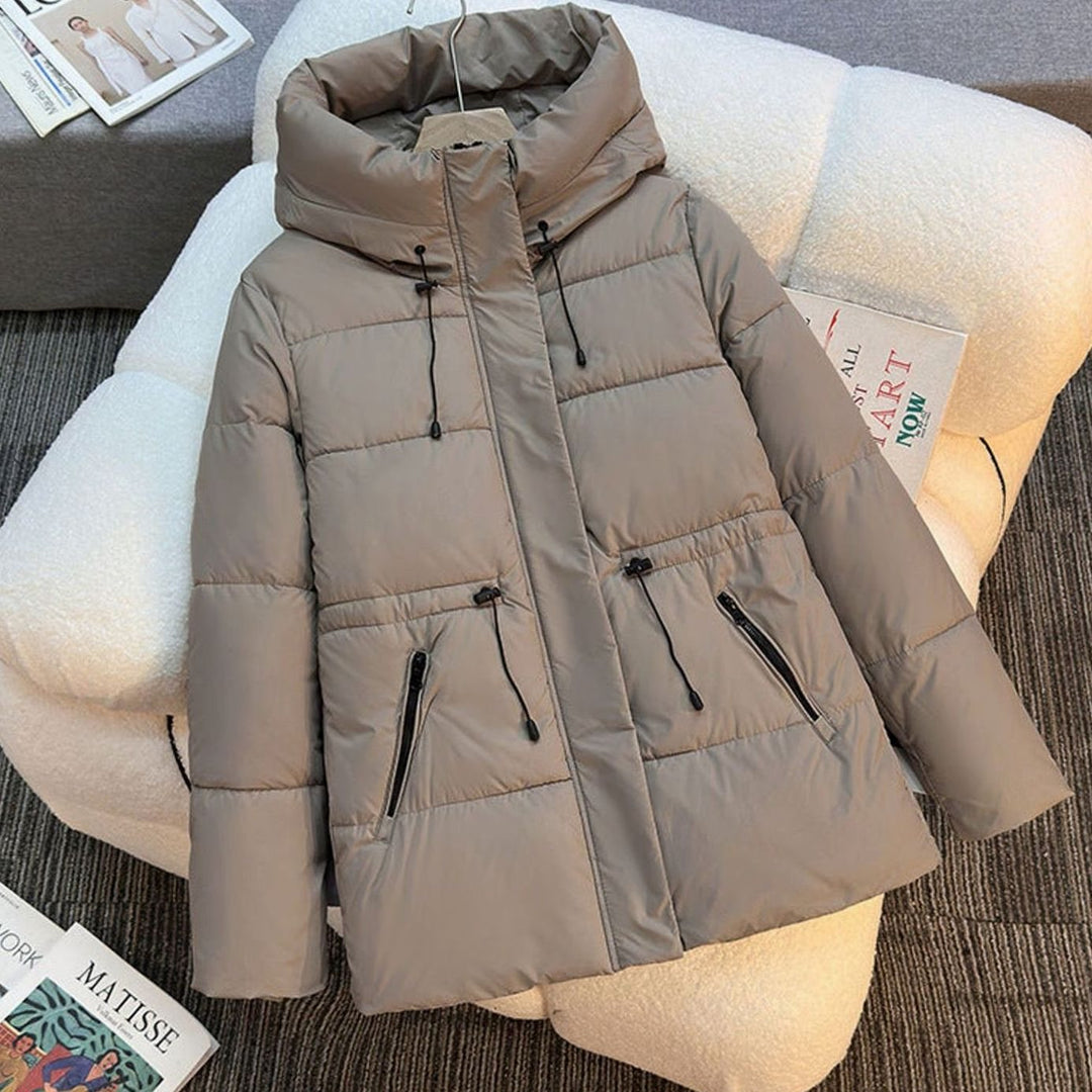 Women's Hooded Quilted Drawstring Puffer Jacket - Khaki