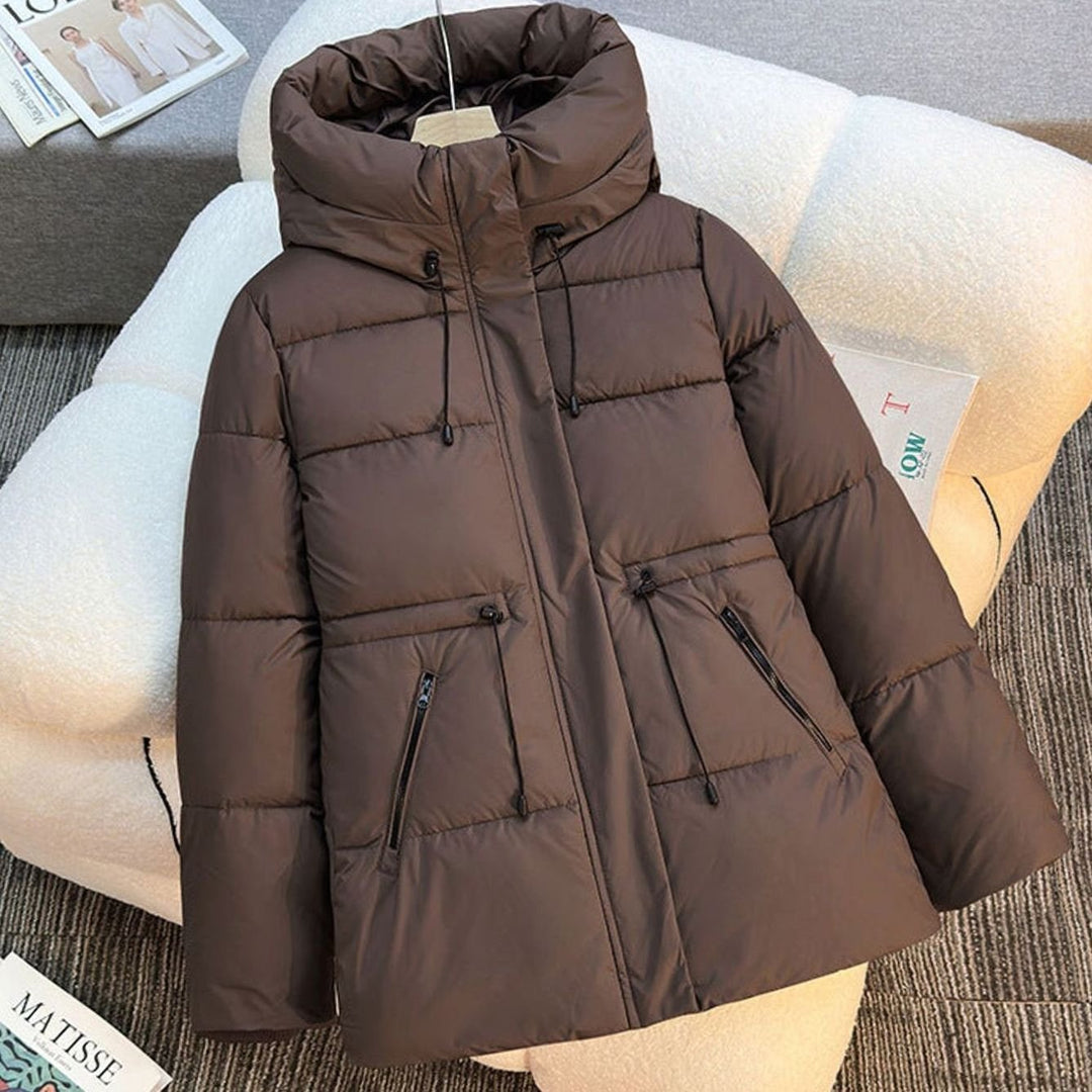 Women's Hooded Quilted Drawstring Puffer Jacket - Brown