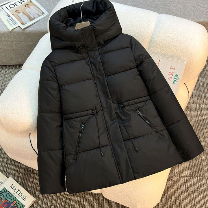 Women's Hooded Quilted Drawstring Puffer Jacket - Black