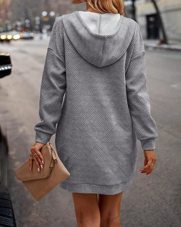 Women's Hooded Textured Knitted Dress Long Sleeve Kangaroo Pocket