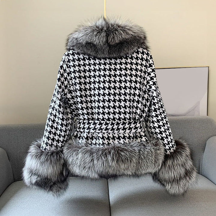 Women's Houndstooth Faux Fur Coat Fluffy Trim Jacket
