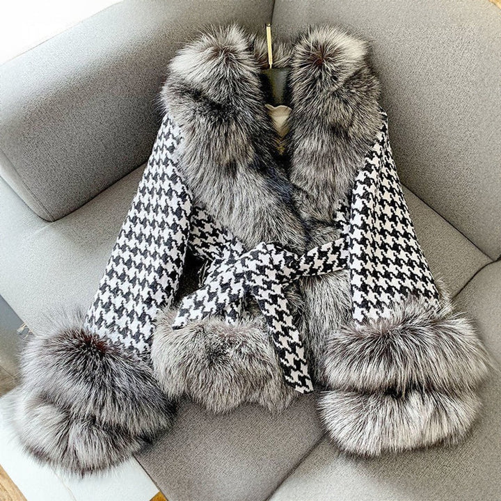 Women's Houndstooth Faux Fur Coat Fluffy Trim Jacket