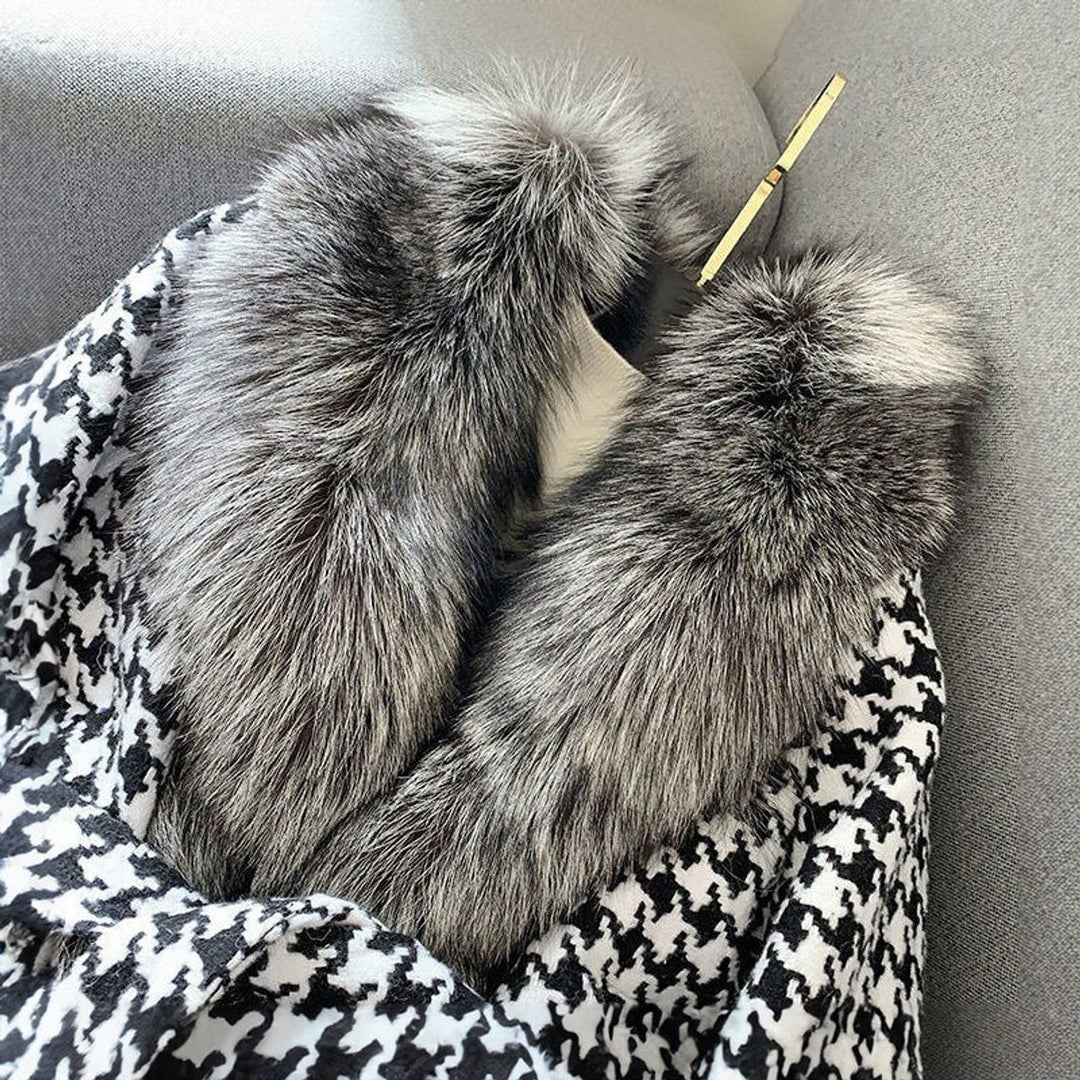 Women's Houndstooth Faux Fur Coat Fluffy Trim Jacket