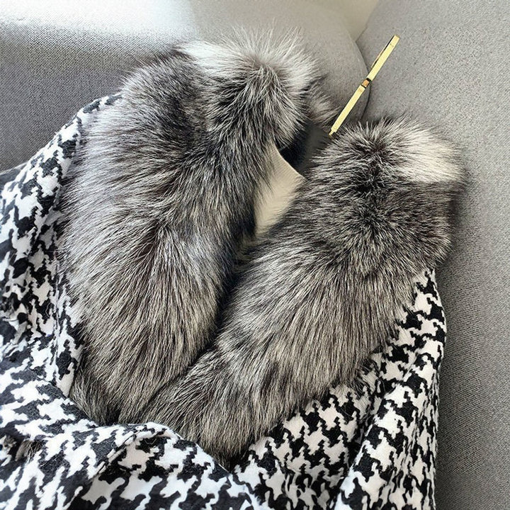 Women's Houndstooth Faux Fur Coat Fluffy Trim Jacket
