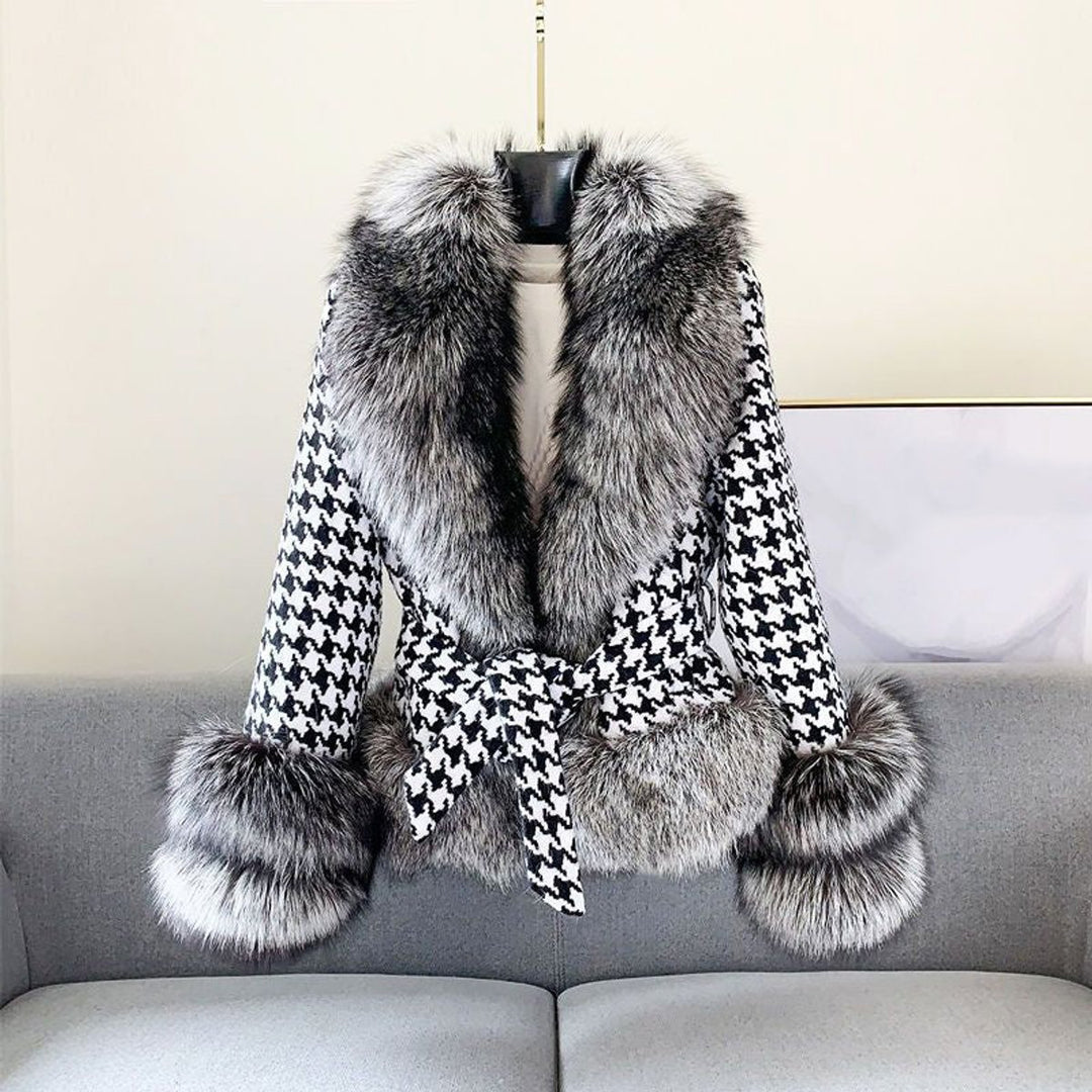 Women's Houndstooth Faux Fur Coat Fluffy Trim Jacket