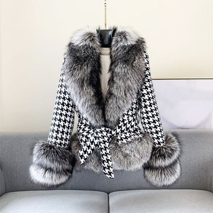Women's Houndstooth Faux Fur Coat Fluffy Trim Jacket