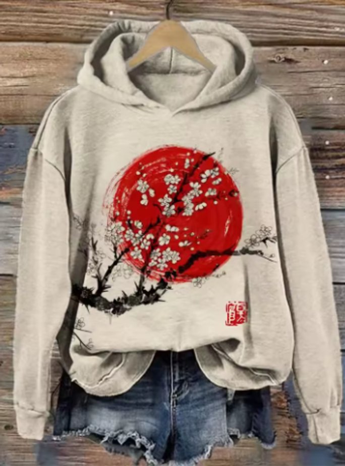 Women's Japanese Print Hooded Knitted Sweater Oversized Pullover