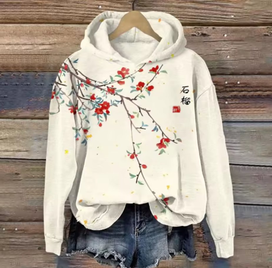 Women's Japanese Print Hooded Knitted Sweater Oversized Pullover