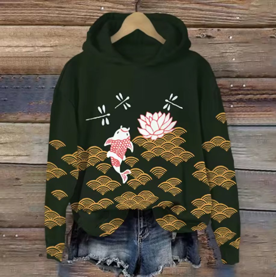 Women's Japanese Print Hooded Knitted Sweater Oversized Pullover