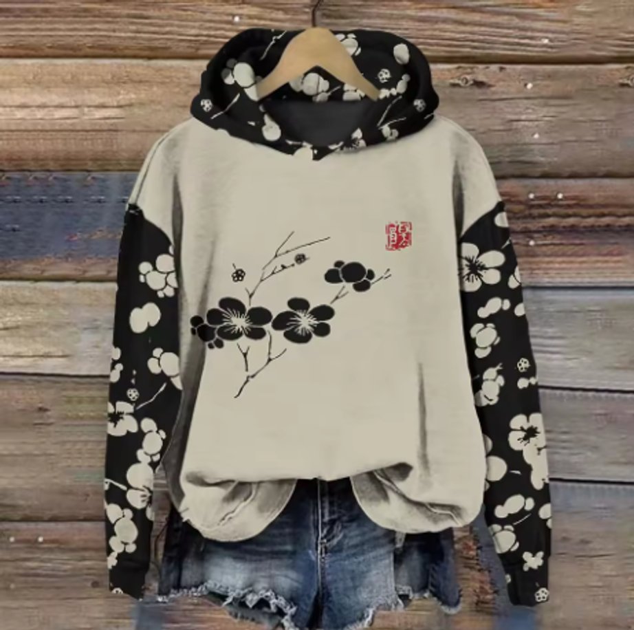 Women's Japanese Print Hooded Knitted Sweater Oversized Pullover