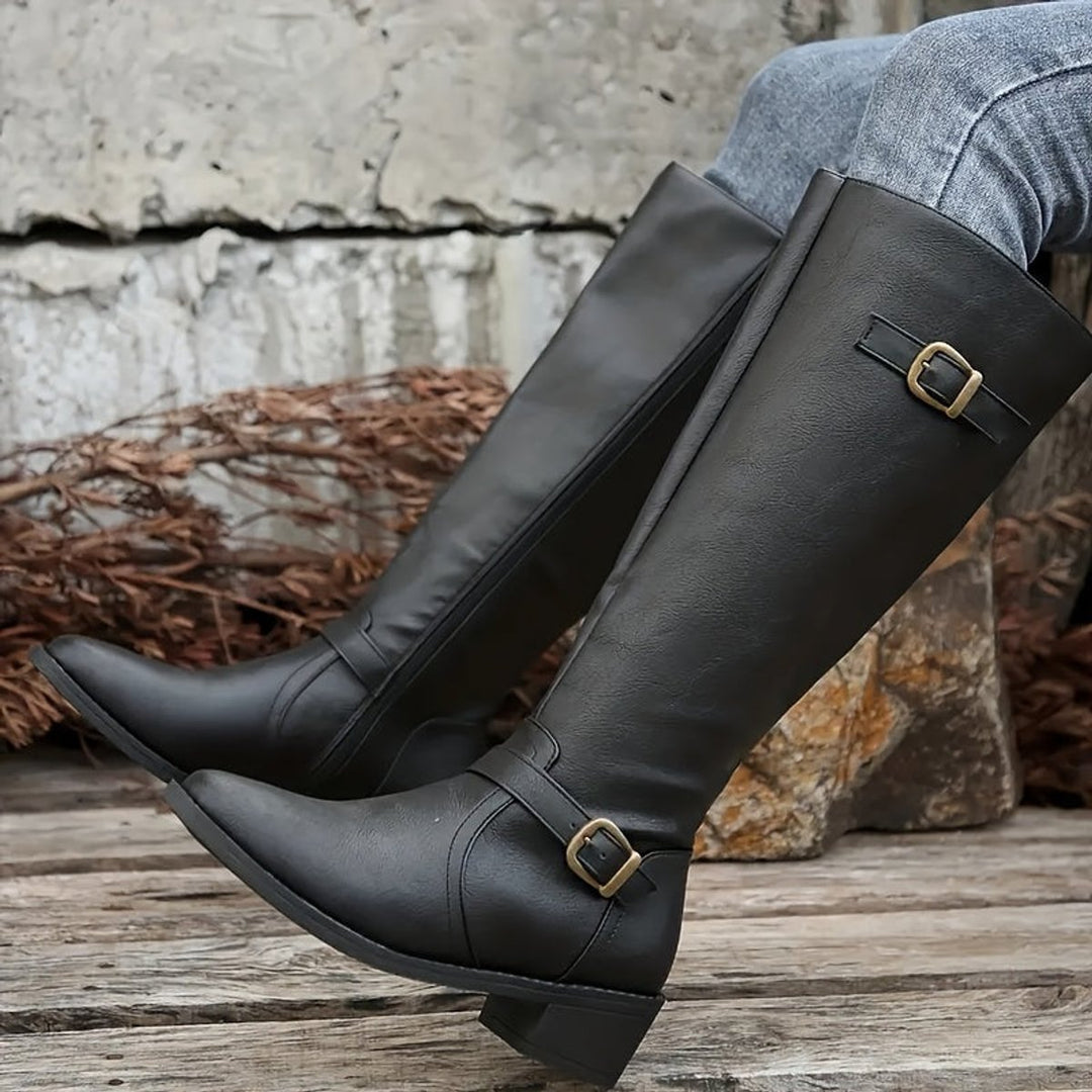 Women's Knee-High Boots Faux Leather Double Buckle Inside Zip
