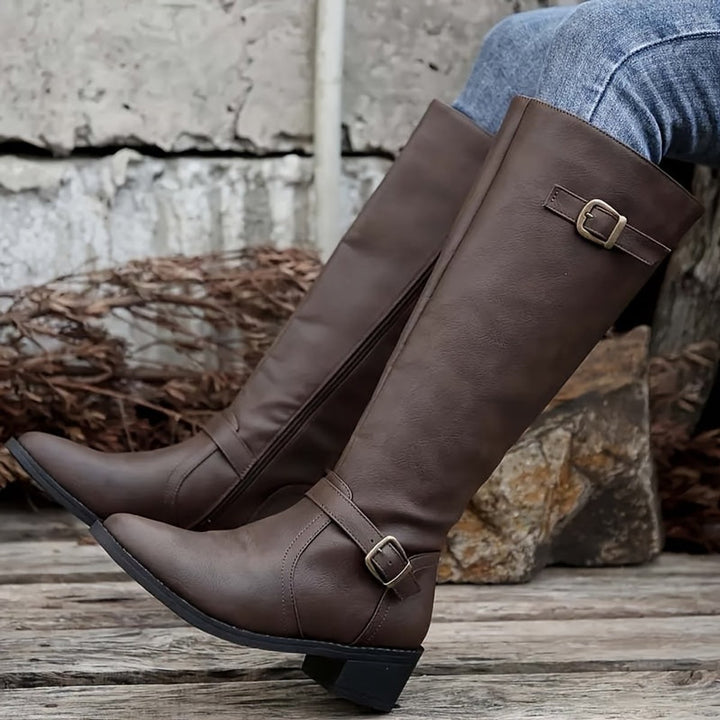 Women's Knee-High Boots Faux Leather Double Buckle Inside Zip