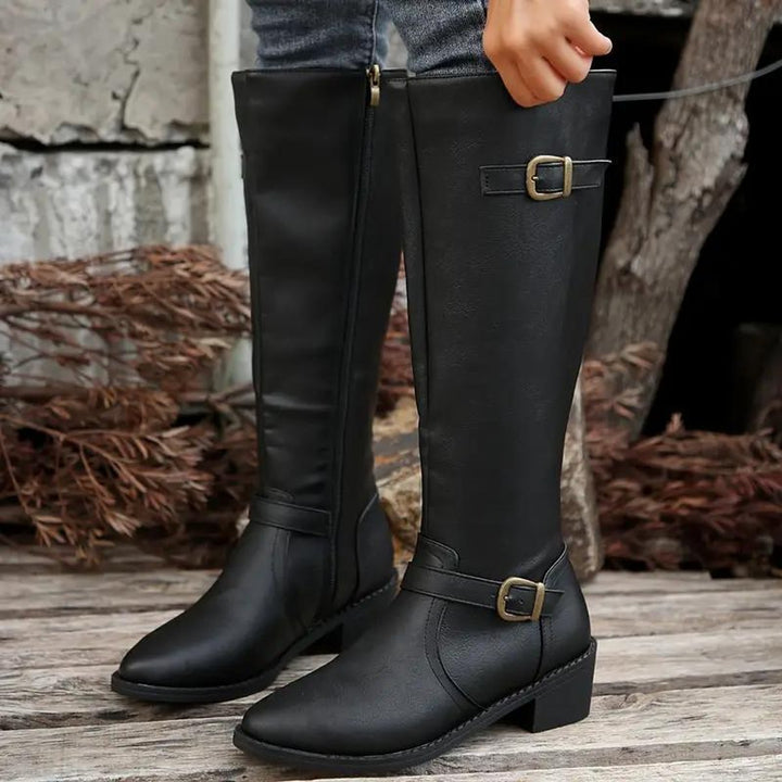 Women's Knee-High Boots Faux Leather Double Buckle Inside Zip