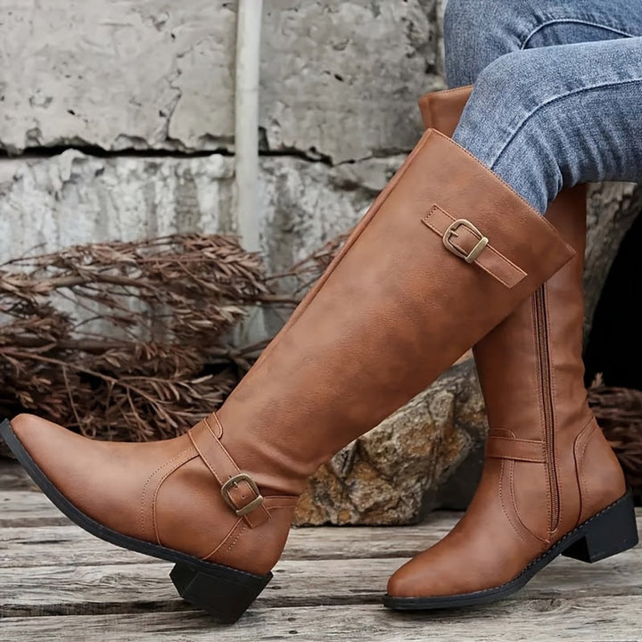 Women's Knee-High Boots Faux Leather Double Buckle Inside Zip