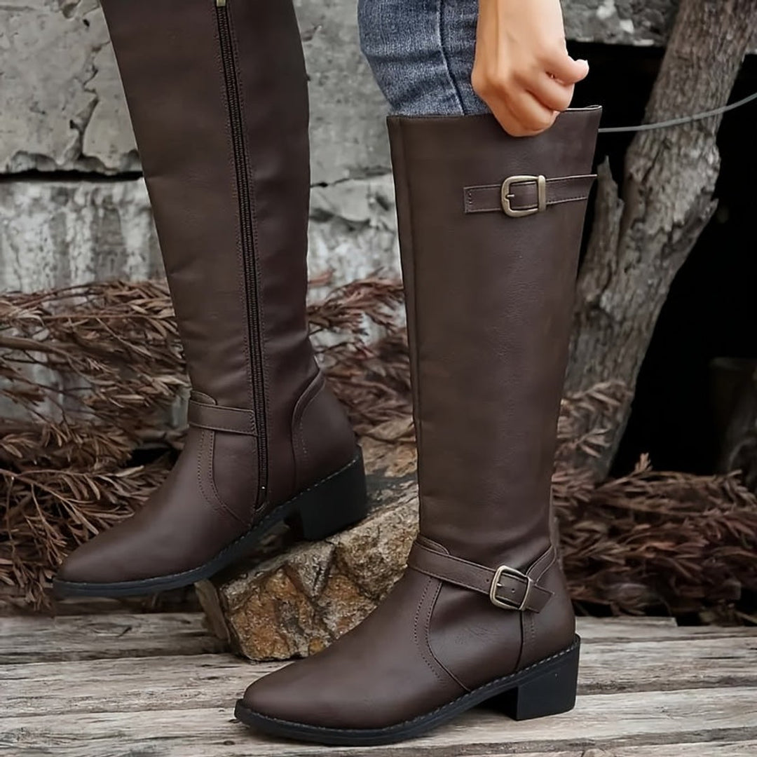 Women's Knee-High Boots Faux Leather Double Buckle Inside Zip
