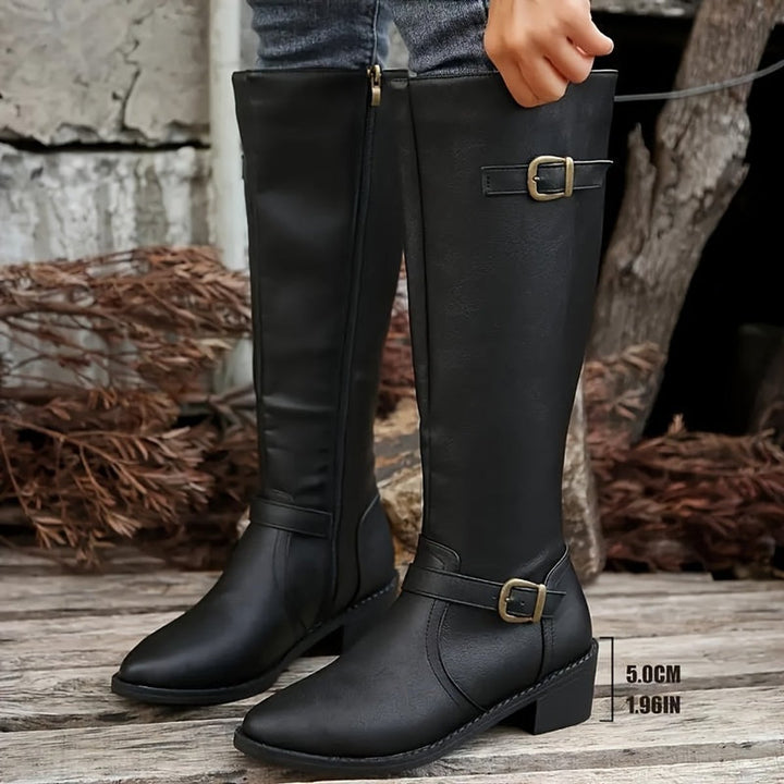 Women's Knee-High Boots Faux Leather Double Buckle Inside Zip