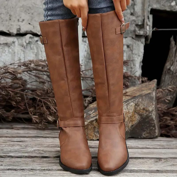 Women's Knee-High Boots Faux Leather Double Buckle Inside Zip
