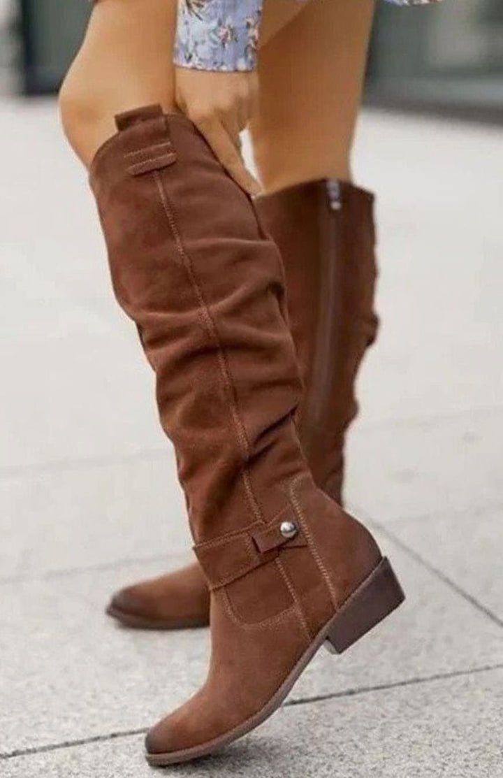 Women's Knee-High Flat Suede Slouch Boots Side Zip