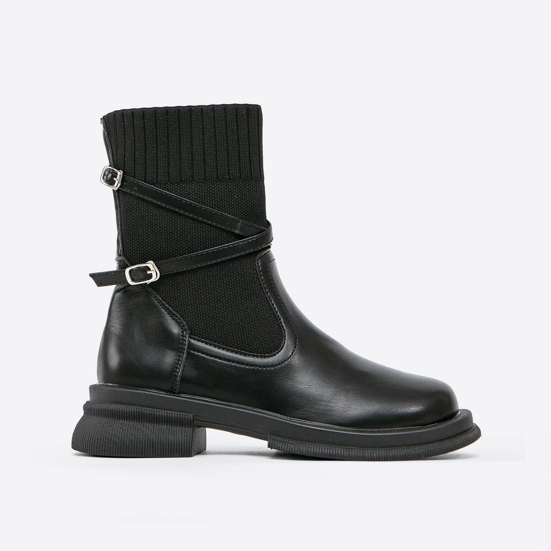 Women's Knit-Cuff Buckle-Strap Ankle Heeled Boots