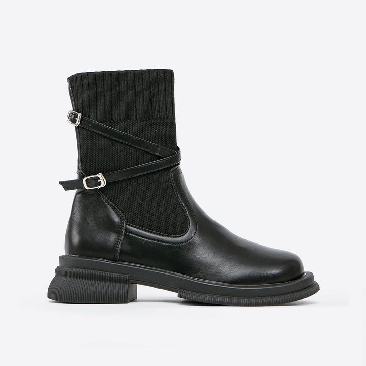 Women's Knit-Cuff Buckle-Strap Ankle Heeled Boots