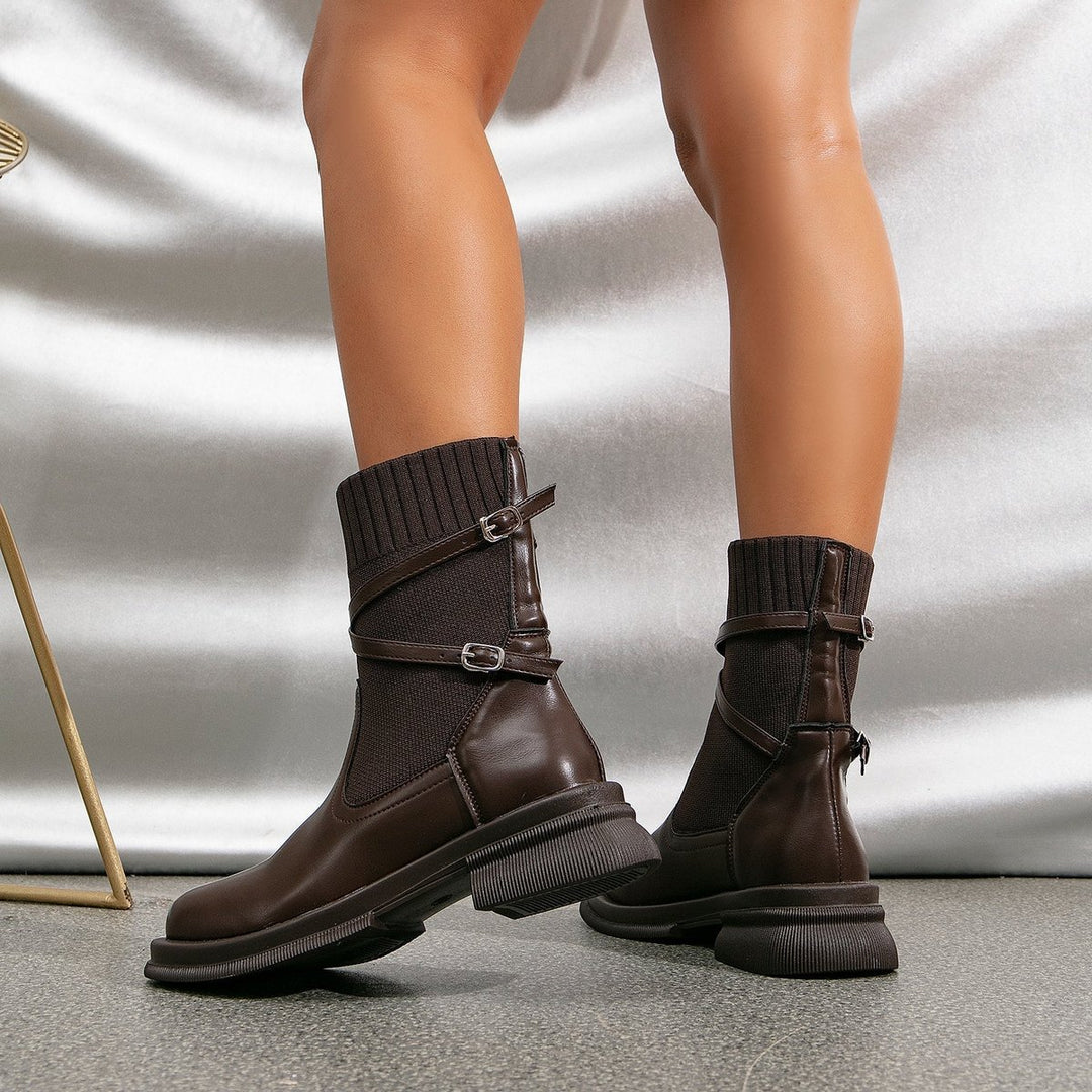 Women's Knit-Cuff Buckle-Strap Ankle Heeled Boots
