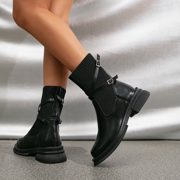Women's Knit-Cuff Buckle-Strap Ankle Heeled Boots
