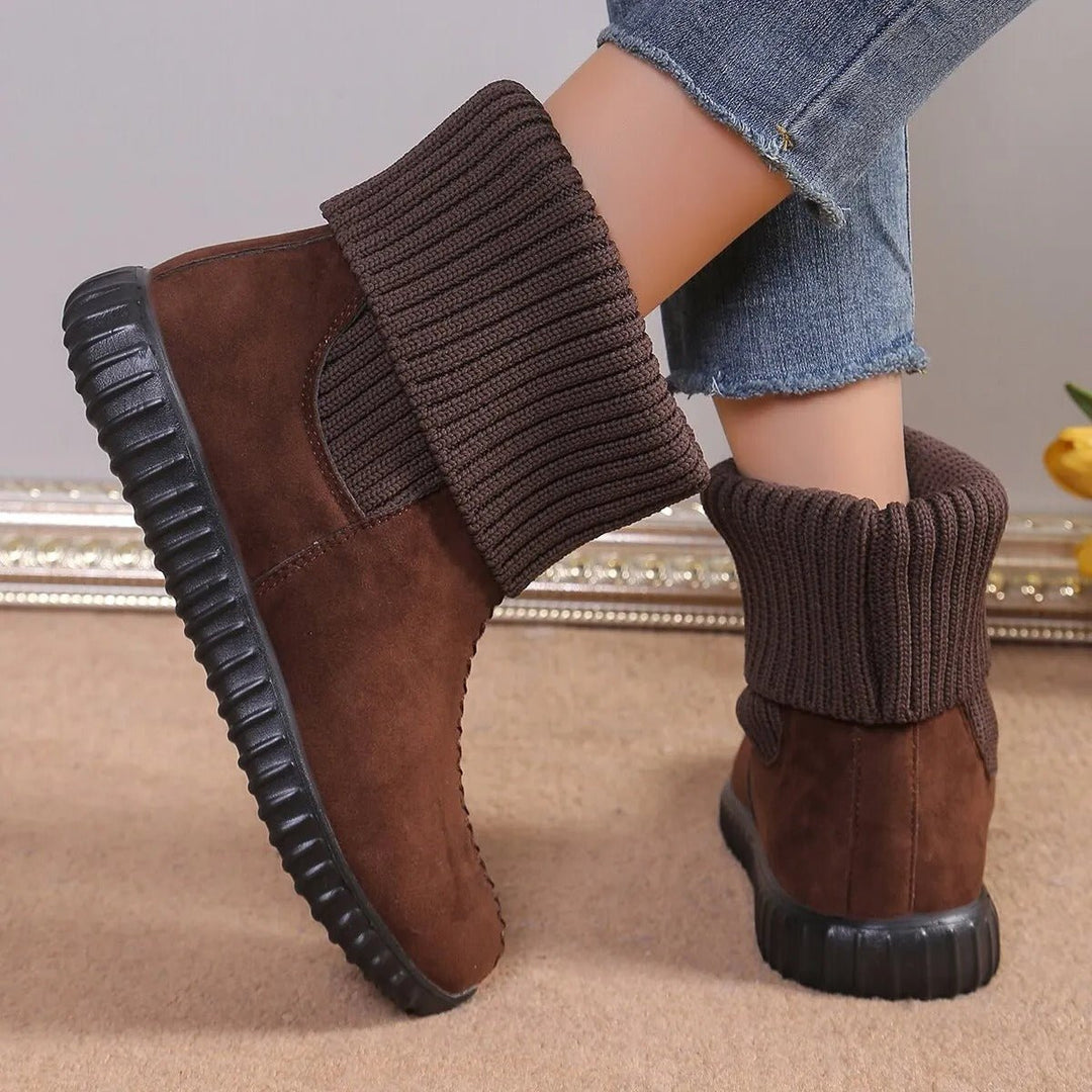 Women's Knit-Cuff Flat Ankle Heeled Boots Suede Snow Booties