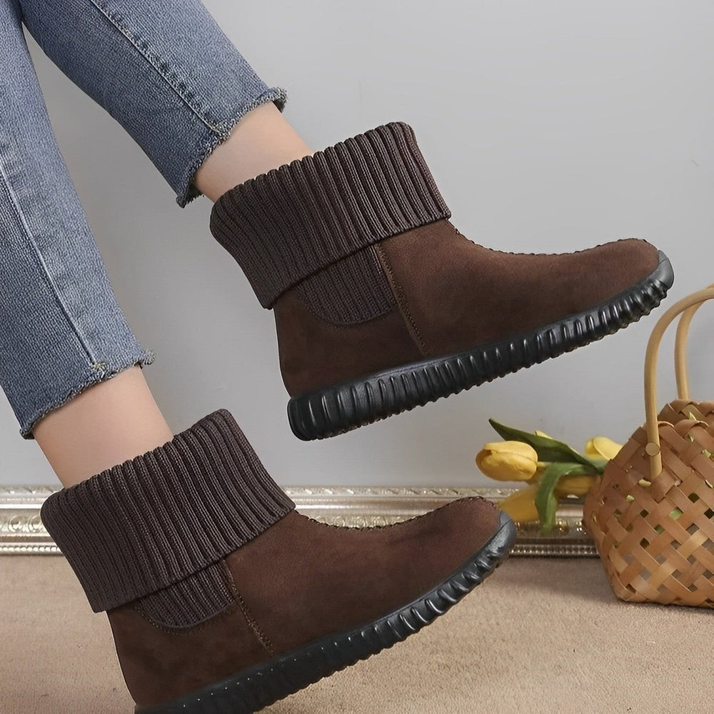 Women's Knit-Cuff Flat Ankle Heeled Boots Suede Snow Booties