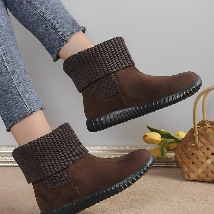 Women's Knit-Cuff Flat Ankle Heeled Boots Suede Snow Booties