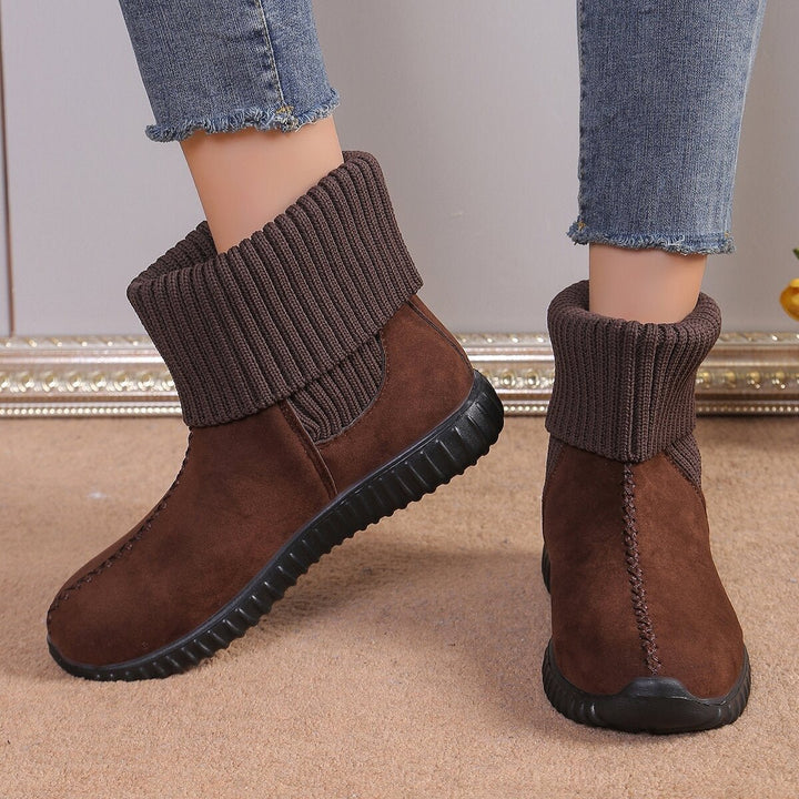 Women's Knit-Cuff Flat Ankle Heeled Boots Suede Snow Booties