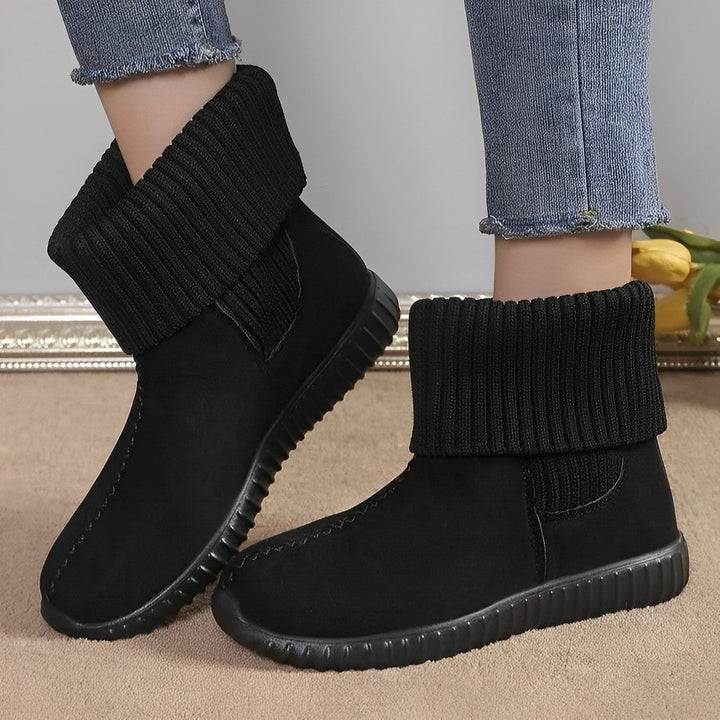 Women's Knit-Cuff Flat Ankle Heeled Boots Suede Snow Booties