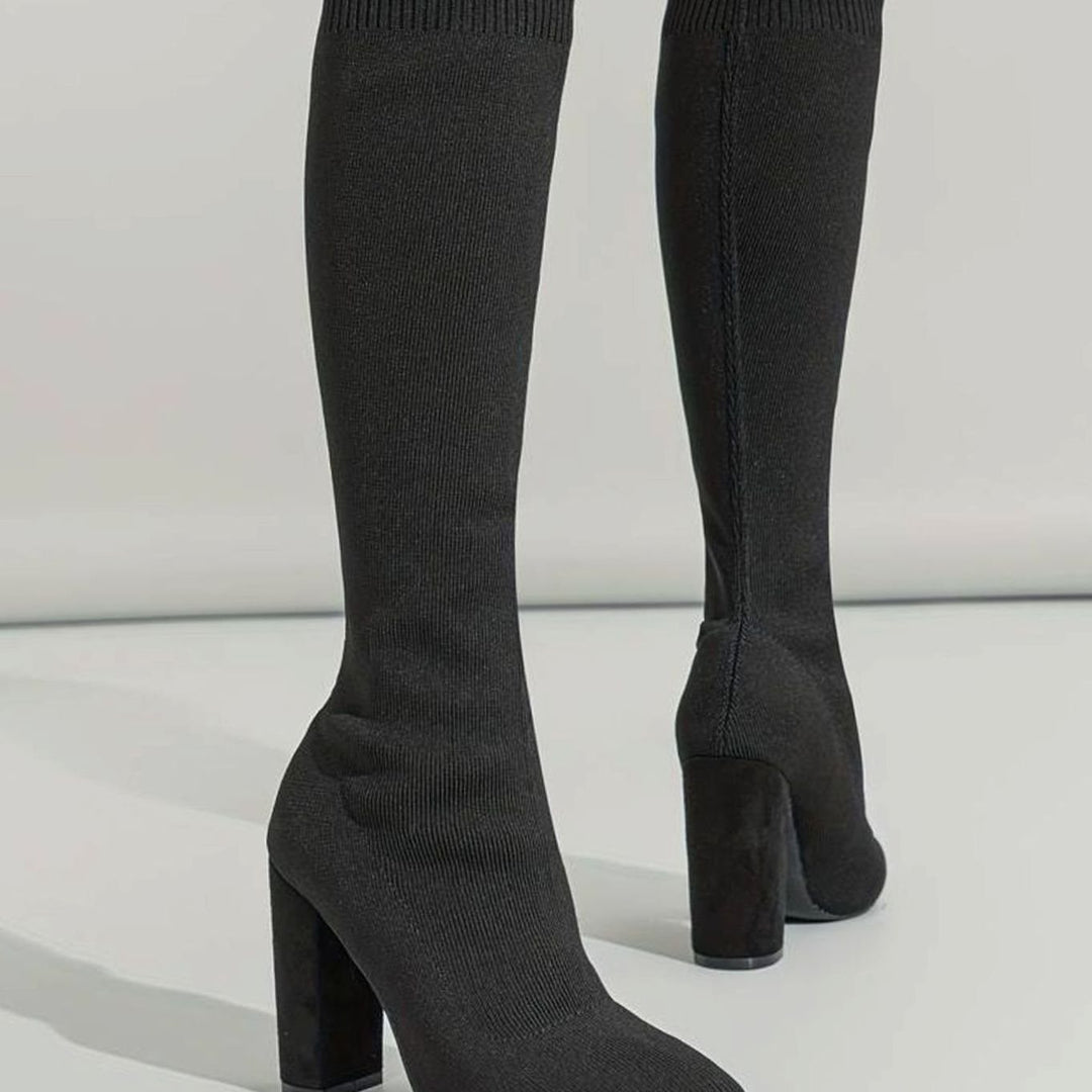 Women's Knitted Block Heel Knee-High Sock Boots