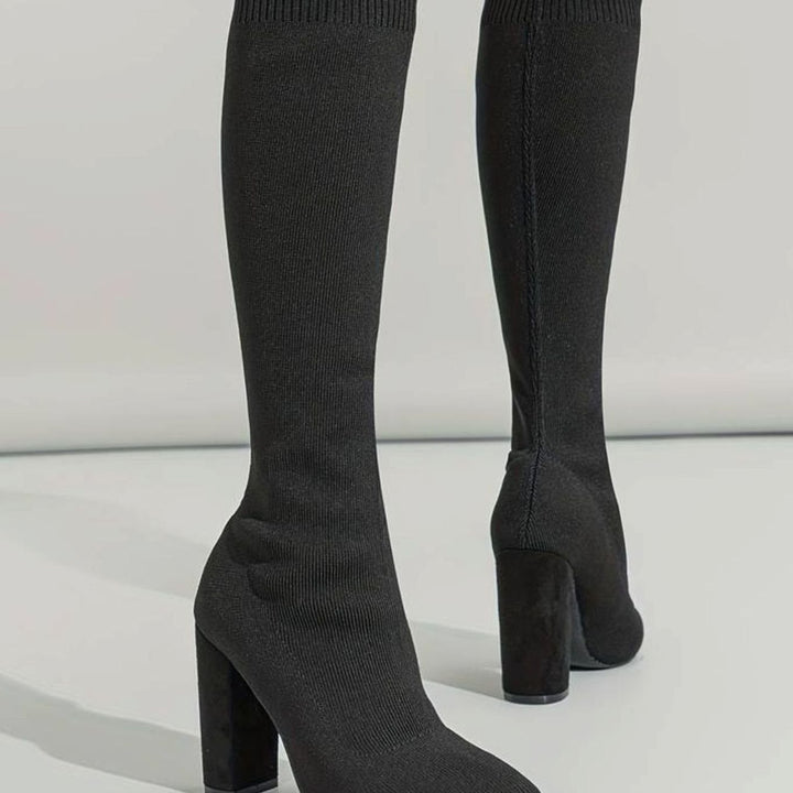 Women's Knitted Block Heel Knee-High Sock Boots