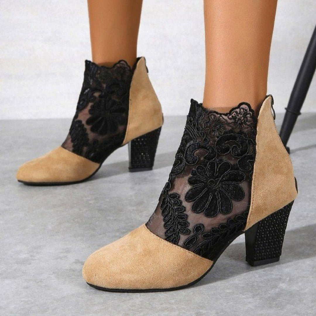 Women's Lace Block-Heel Ankle Heeled Boots Suede Floral
