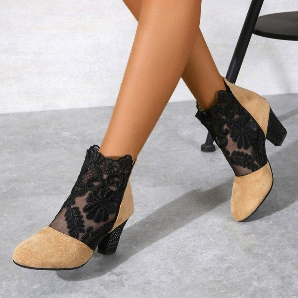 Women's Lace Block-Heel Ankle Heeled Boots Suede Floral