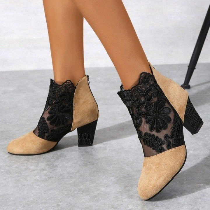 Women's Lace Block-Heel Ankle Heeled Boots Suede Floral
