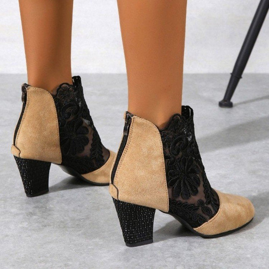Women's Lace Block-Heel Ankle Heeled Boots Suede Floral