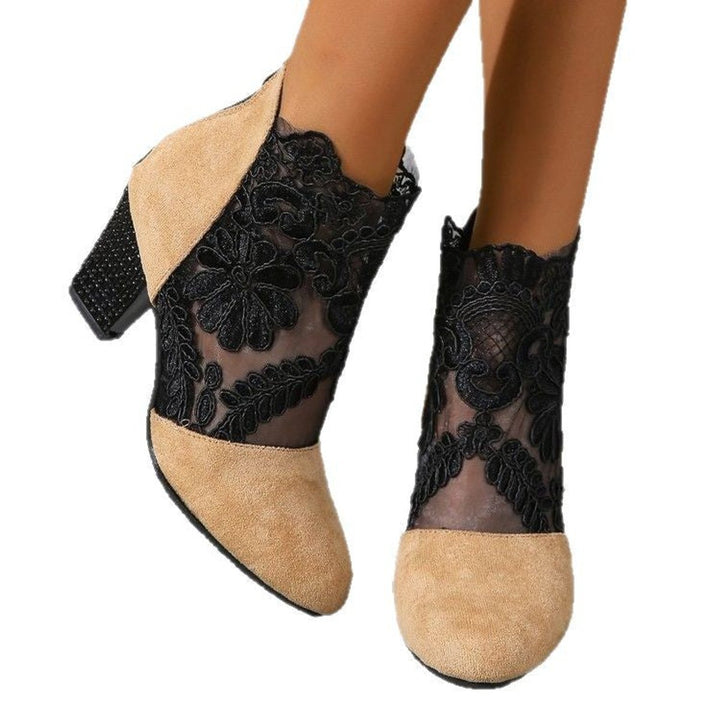Women's Lace Block-Heel Ankle Heeled Boots Suede Floral