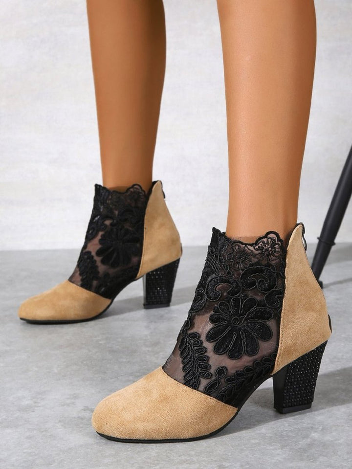 Women's Lace Block-Heel Ankle Heeled Boots Suede Floral