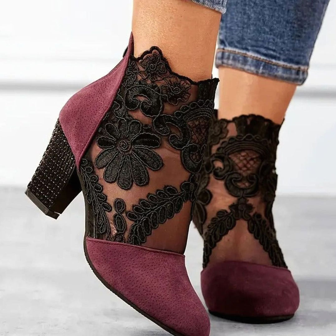 Women's Lace Block-Heel Suede Ankle Boots Floral Embroidered Heels - Red