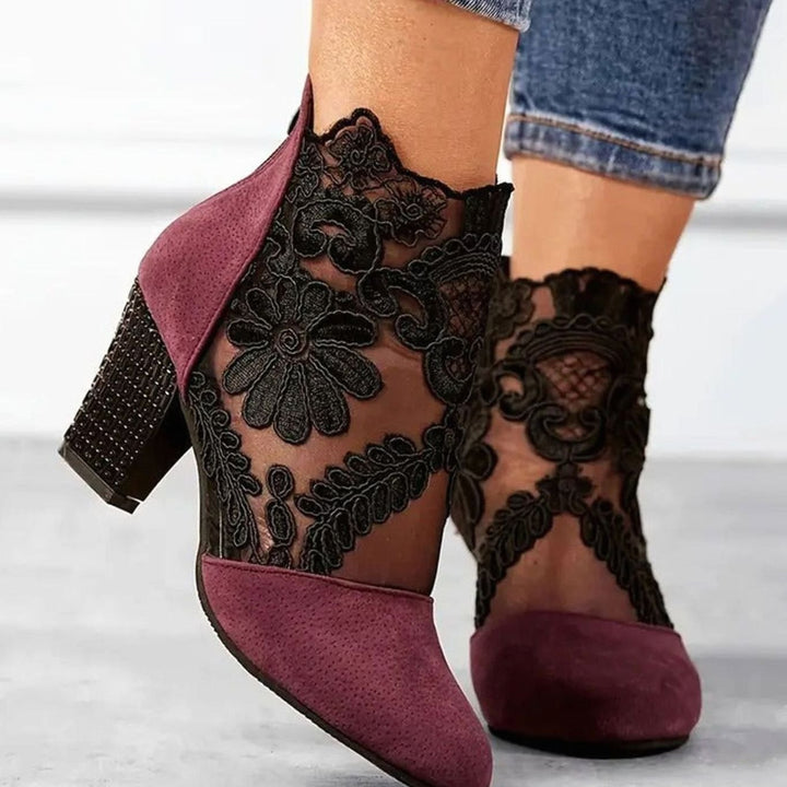 Women's Lace Block-Heel Suede Ankle Boots Floral Embroidered Heels - Red