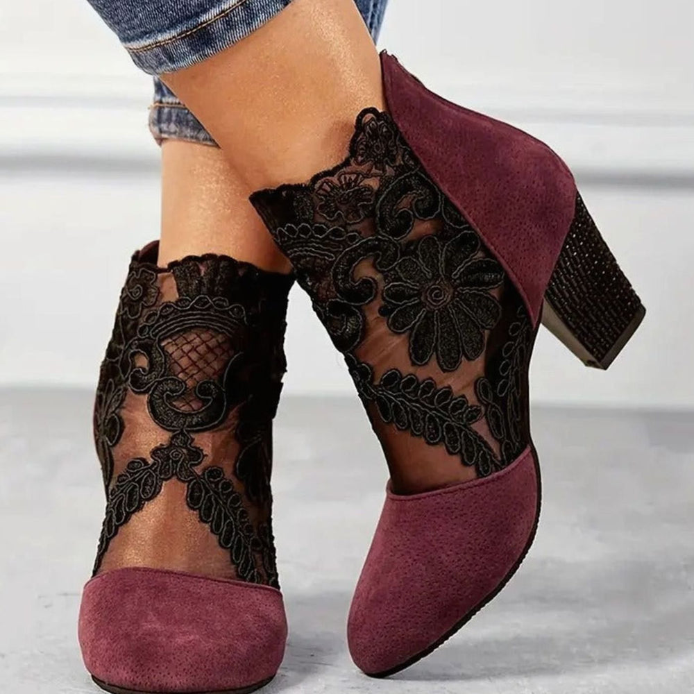 Women's Lace Block-Heel Suede Ankle Boots Floral Embroidered Heels