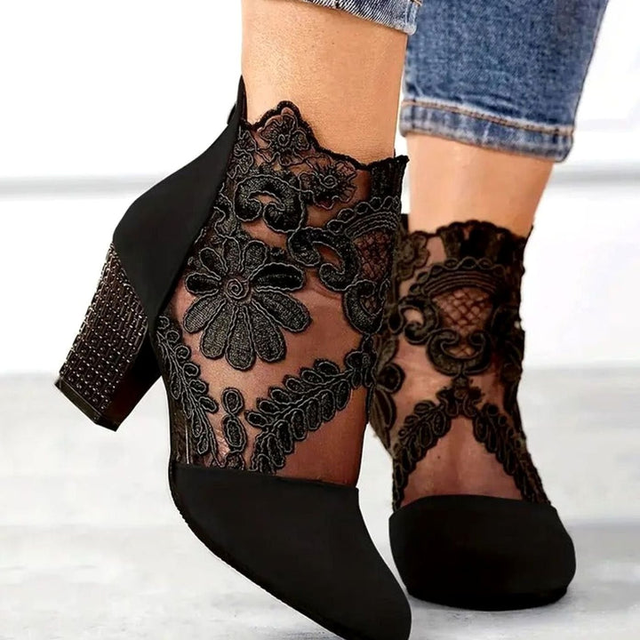 Women's Lace Block-Heel Suede Ankle Boots Floral Embroidered Heels - Black
