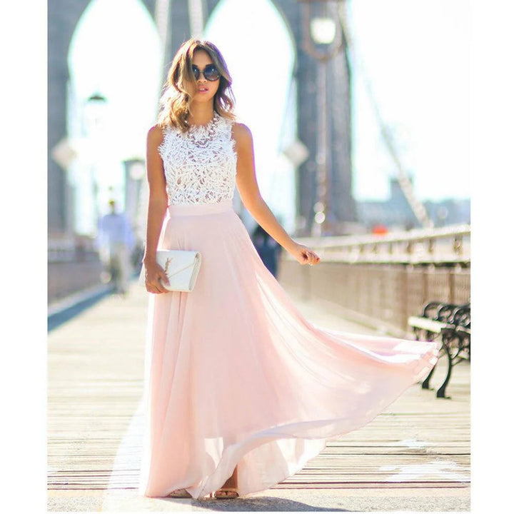 Women's Lace Bodice Chiffon Maxi Cocktail Party Dress
