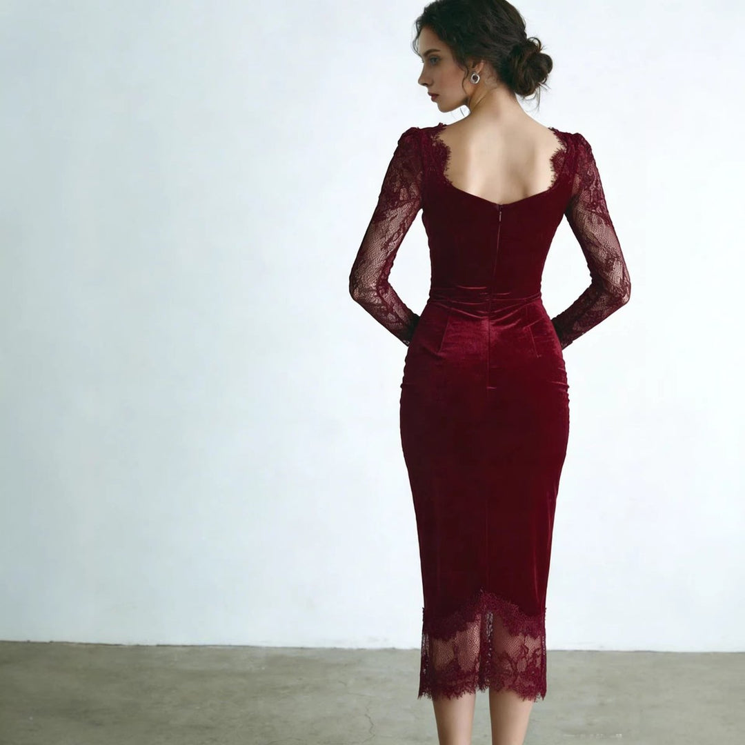 Women's Lace Sleeve Bodycon Velvet Party Dress V-Neck Midi
